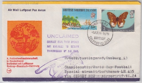 British Solomon Islands - Luftpostbrief Honiara - Sydney - Hamburg 1974