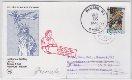 Island - Zuleitungspost Lufthansa 1st-Flug Frankfurt-Newark LH 402 1993 selten !