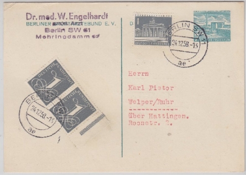 Berlin - 7 Pfg. Privatganzsache + Zusatz Sportärztebund Karte SW11 - Welper 1958