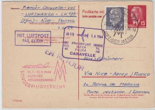 DDR - 15 Pfg. Pieck Ganzsache Frageteil Zuleitung Messe Sonderflug LH 1st-Flug