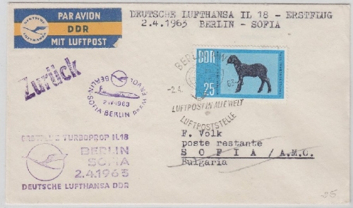 DDR - Erstflug Turboprop Deutsche Lufthansa Luftpostbrief Berlin Sofia 1963