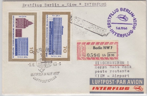 DDR - Interflug 1st Flug Berlin - Kiew Luftpostbrief Einschreiben 1966