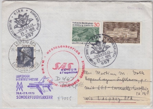 BRD - Zuleitungspost SAS-Sonderflug Messe Leipzig Leipzig Kopenhagen Kirn 1970