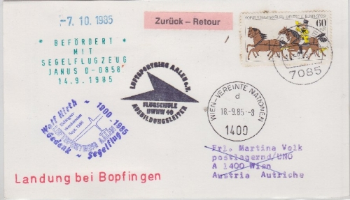 BRD - Segelflugpost Janus D-0858 Landung Bopfingen Karte n. ÖSTERREICH 1985