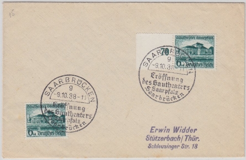 DR - 2x6 Pfg. Gautheater Ersttagsbrief FDC ESST Saarbrücken - Stützerbach 1938