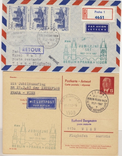 CSSR - CSA 1st-Flug Prag - Wien, 1x Luftpost Einschreiben 1x Zuleitung DDR 1967