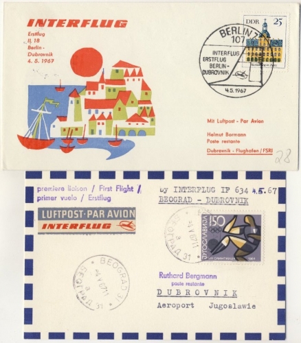 DDR/Jugoslawien - Interflug 1st-Flug Berlin-Dubrovnik u. retour, 2 Belege 1967
