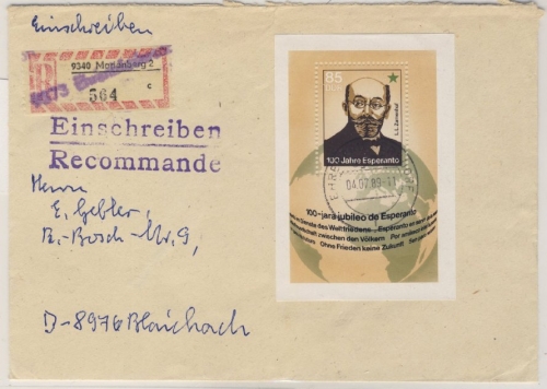 DDR - 85 Pfg. 100 J. Esperanto Blockausgabe Einschreibebrief Marienberg 1989
