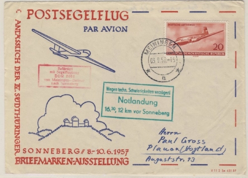 DDR - Postsegelflug Meiningen 1957 Sonderkuvert Notlandung Sonneberg