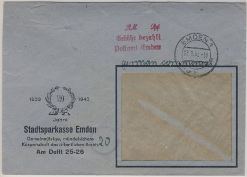 All.Bes. - ...RM ...Rpf Gebühr bezahlt Postamt Emden roter L3 Brief 28.9.45