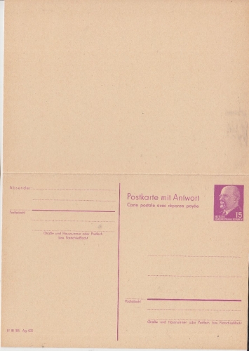 DDR - 15/15 Pfg. Ulbricht Antwort-Ganzsache Ausgabe 1966 ungebraucht
