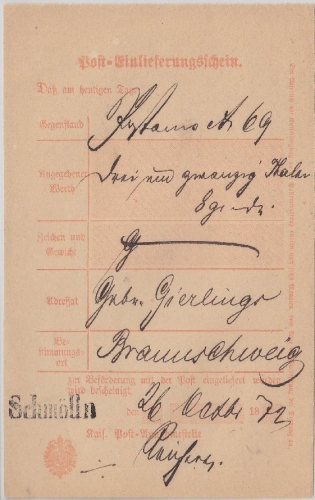 DR - Posteinlieferungsschein f. Postanweisung Einzeiler L1 Schmölln 1872