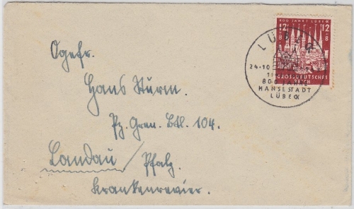 DR - 12 Pfg. 800 Jahre Lübeck Ersttagsbrief FDC mit ESST Lübeck 24.10.1943