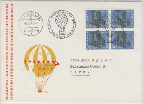 Schweiz - 50 Rp. Eule Viererblöcke ex Block/Satz 2 Ballonpostbriefe Rapperswil