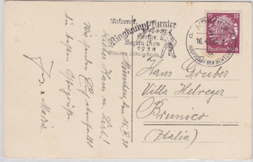 DR - München 1938 Int. Ringkampf Turnier Masch.werbestempel Karte n. ITALIEN