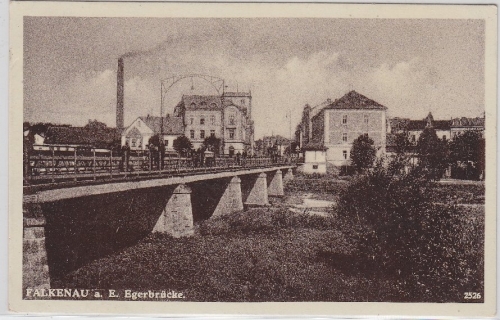 Sudetenland Falkenau sw-Ansicht Brücke und Fabrik gestempelt 21.3.38