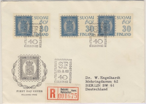 Finnland - 3x30 M. Helsinki 1960 100 J. Finnland-Marken Schmuck-FDC Einschreiben