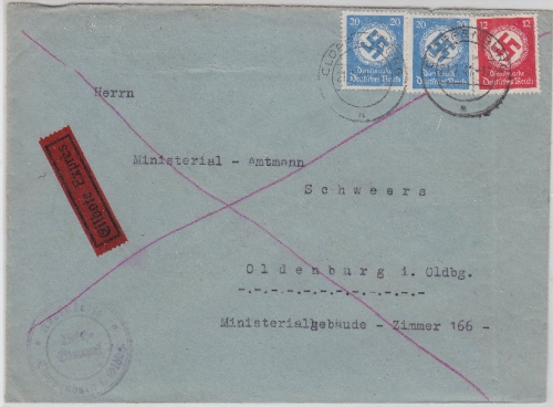 DR - 2x20+12 Pfg. Dienst Hakenkreuz Eilbrief Cloppenburg Oldenburg 1941