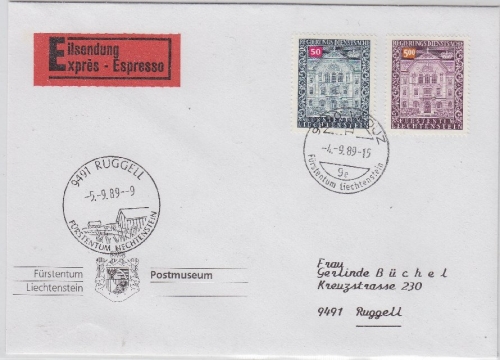 Liechtenstein - 5 Fr. +50 Rp. Dienstmarke Eilbrief FDC Vaduz Ruggell 1989