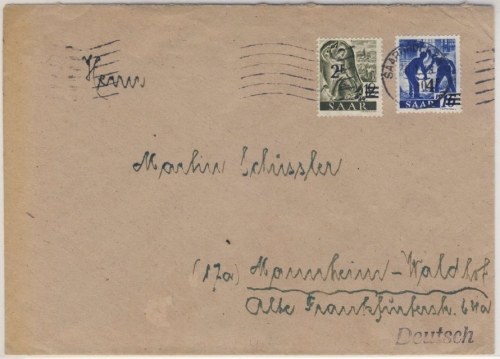 Saar - 2+4 F. Saar II Überdruckausgabe Brief Saarbücken - Mannheim 1948