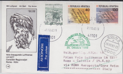 Kroatien - Lufthansa 1st-Flug Rom - Köln 1992 Zuleitungspost Flugpostkarte