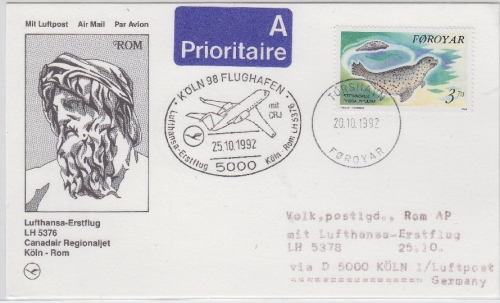 Färöer - Lufthansa 1st-Flug Köln - Rom 1992 Zuleitungspost Luftpostkarte
