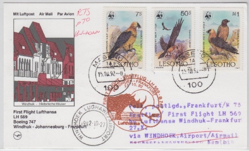 Lesotho - Lufthansa 1st-Flug Windhoek - Frankfurt 1992 Zuleitungspost