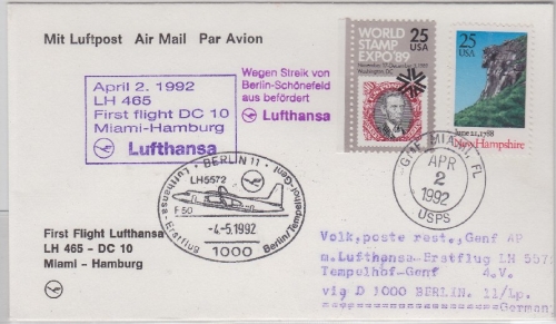 USA - Lufthansa LH 1st-Flug Miami-Berlin Zuleitungspost LH 1st-Flug Berlin Genf