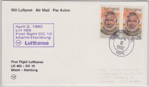 USA - Lufthansa Erstflug Miami - Hamburg 1992 Luftpostbrief Motiv: Hemingway