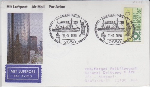BRD - Bremerhaven Amerikatag 1986 SST a. Luftpostkarte n. USA