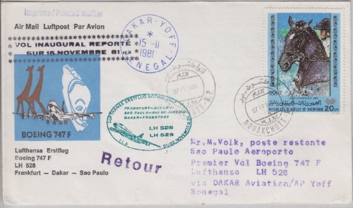 Mauretanien - Lufthansa 1st-Flug Dakar - Sao Paulo 1981 Zuleitungspost selten!