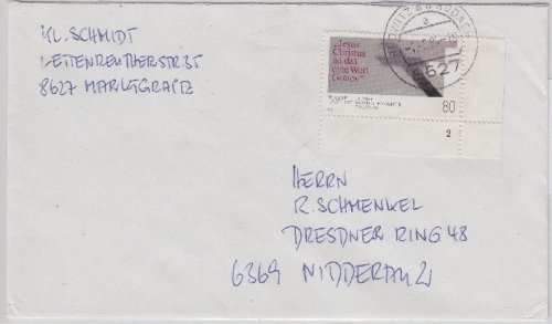 BRD - 80 Pfg. Barmer Erklärung Bogenecke m. FORMNUMMER Brief Redwitz 1984