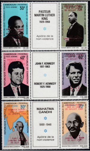 Kamerun - Gandhi - Kennedy - Luther King 3 postfr. Zusammendrucke/Überdruck MNH
