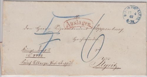 NDP - Berlin PE23 1867 Auslagenbrief n. Kyritz, roter Nierenstempel, ohne Inhalt