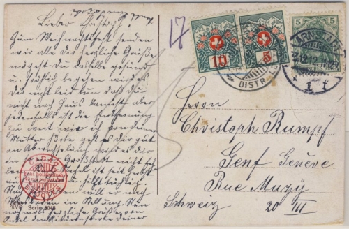 Deutsches Reich - Arnstadt 1912 unterfrank. Karte i.d. SCHWEIZ 5+10 Rp Nachporto