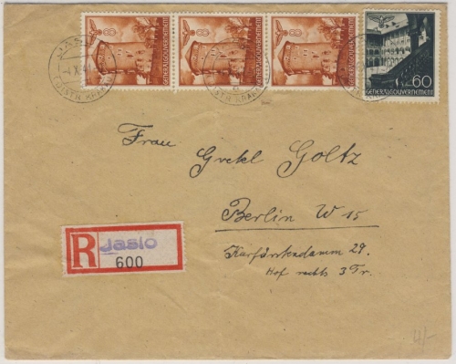 Besetzung Polen - 3x8+60 Gr. Bauwerke Einschreibebrief Jaslo - Berlin 1941