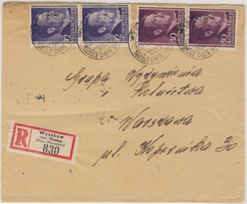 Bes. Polen - Wyszkow ü. Tluszcz Poststelle I Einschreibebrief n. Warschau 1943