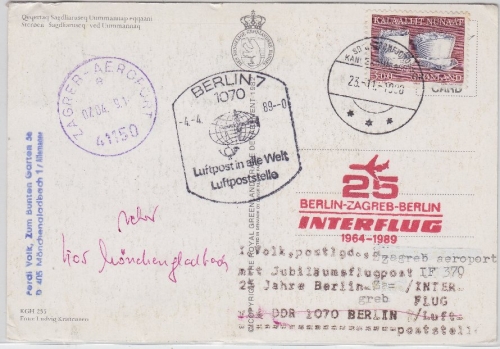 DDR - Interflug Sonderflug 25 J. Berlin-Zagreb Zuleitung Grönland !! 1989