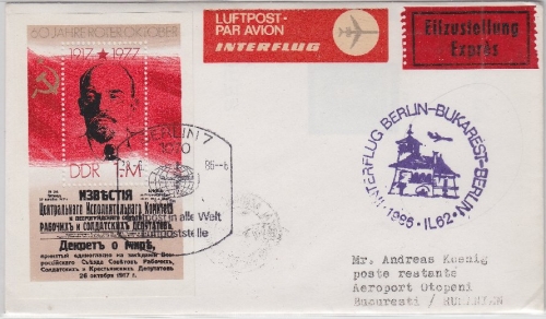 DDR - Interflug 1st-Flug Berlin - Bukarest Luftpost Eilbrief 1986, Motiv: Lenin
