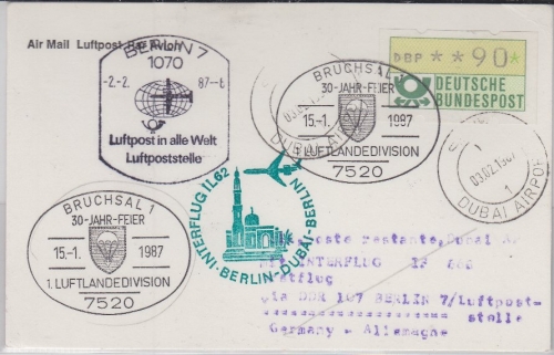 BRD - Bruchsal 1987 Zuleitungspost Interflug 1st-Flug Berlin - Dubai Lupo-Karte