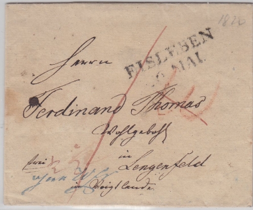 Preussen - Eisleben 1820 L2 Francobrief n. Lengenfeld, hds. "ohne Wfr"