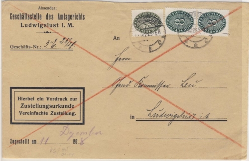 DR-Dienst - 30+2x8 Pfg. Strohhut Zustellurkunde Ortsbrief Ludwigslust 1928