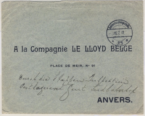 Etappe West - unfrankierter Brief PÜSt 33 (Ingelmünster) - Antwerpen 1917