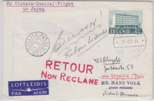 Island - Zuleitungspost Olympia-Sonderflug Olympia - JAPAN 1964 Retourvermerk