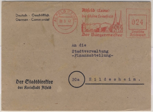 Kontrollrat - Alfeld (Leine) 1947 teilapt 24 Pfg. Absenderfreistempel Brief 1947