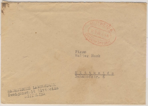 Kontrollrat - Mittweida 17.9.45 Gebühr bezahlt Ortsbrief