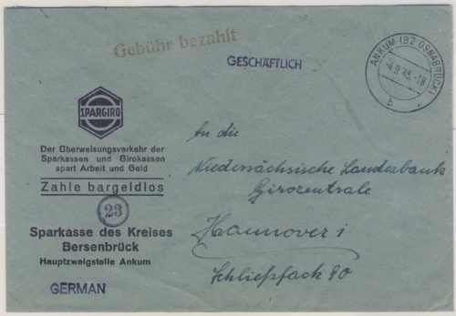 Kontrollrat - Ankum (Bz. Osnabrück) 4.9.45 Gebühr bezahlt L1 Brief n. Hannover
