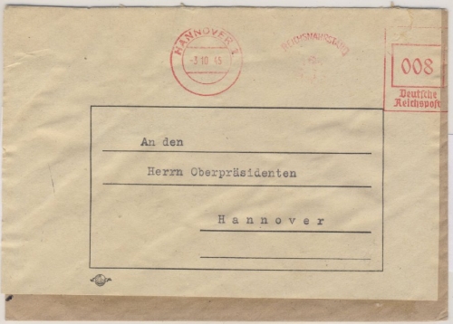 Kontrollrat - 8 Pfg. Freistempel Reichsnährstand teilaptiert Ortsbrief Hannover