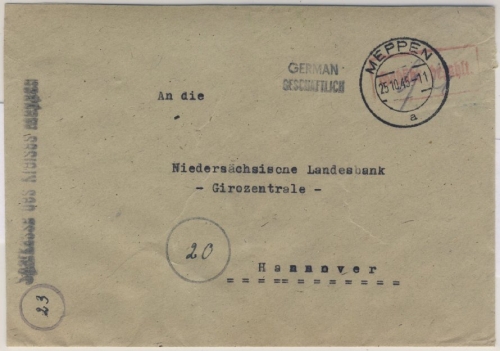 Kontrollrat - Meppen 25.10.45 Gebühr bezahlt Ra2 Brief n. Hannover