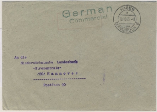 Kontrollrat - Hagen ü. Osnabrück 5 10.10.45 Gebühr bezahlt Brief n. Hannover